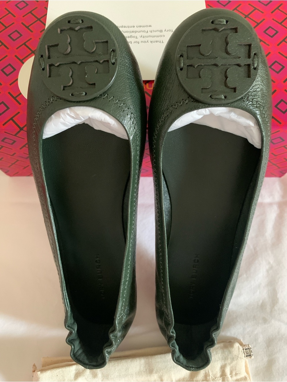 Tory Burch Dark Green Leather Logo Ballet Flats